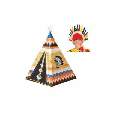 Kinder buiten speeltent indiaantent 130 cm met hoofdtooi